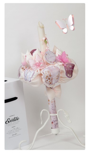 Lumanare de botez pentru fetite cu flori de cires si fluturi, 65x4 cm,  Floare alba de cires  2